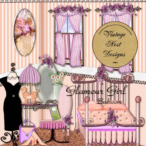 Digital Print Glamour Girl Bedroom Set No.1 Illustration Instant Download