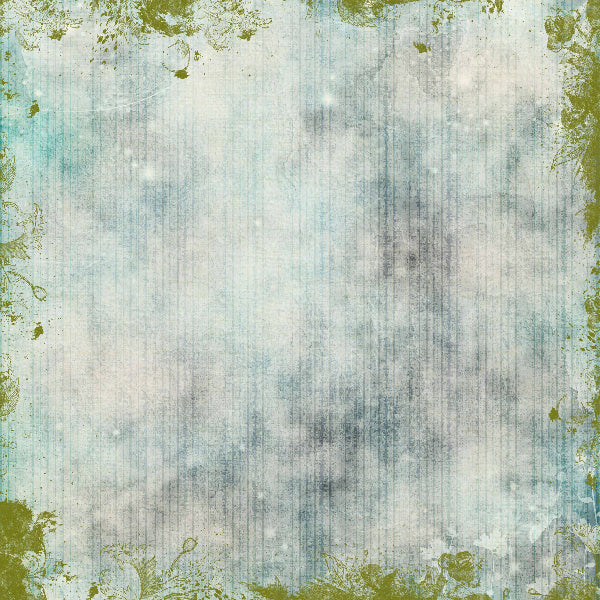 Textured vintage paper with green floral elements on a light blue background
