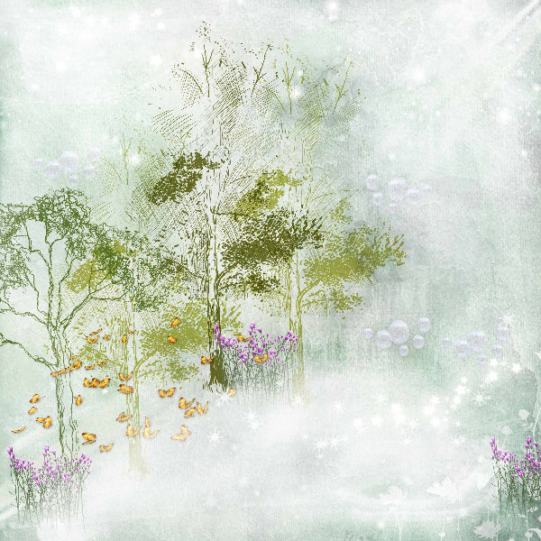 Illustration of trees and butterflies with a soft, blurred background
