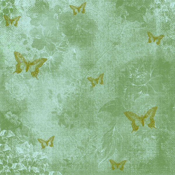 Green textured background with gold butterfly patterns