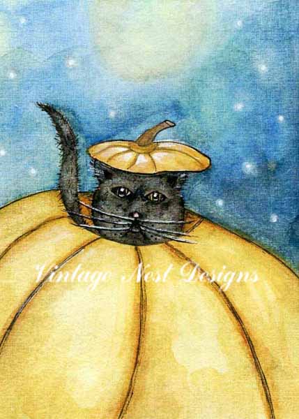 Impression numérique Chat citrouille n°1 ACEO Peinture à l'aquarelle Téléchargement instantané