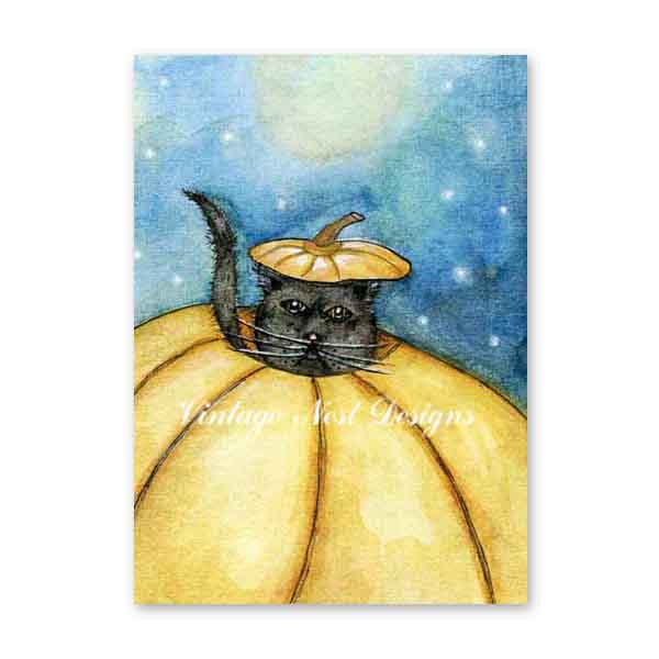 Impression numérique Chat citrouille n°1 ACEO Peinture à l'aquarelle Téléchargement instantané