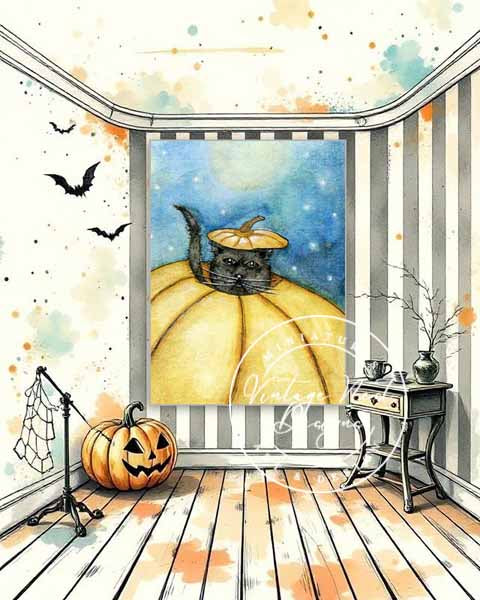 Impression numérique Chat citrouille n°1 ACEO Peinture à l'aquarelle Téléchargement instantané
