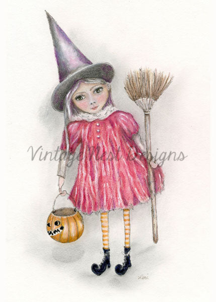 Digital Print Halloween Witch Girl No.1 Watercolor Painting