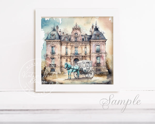 Watercolor painting of a grand building with a horse-drawn carriage in front, on a white background.