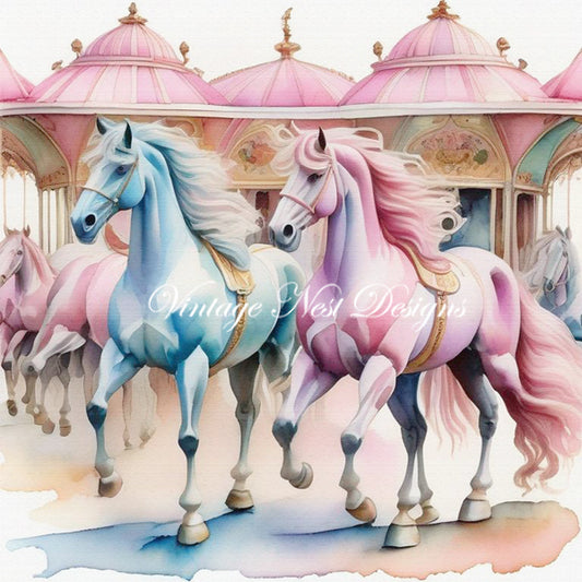 Digital Print Carousel Horses No.1 Illustration Instant Download