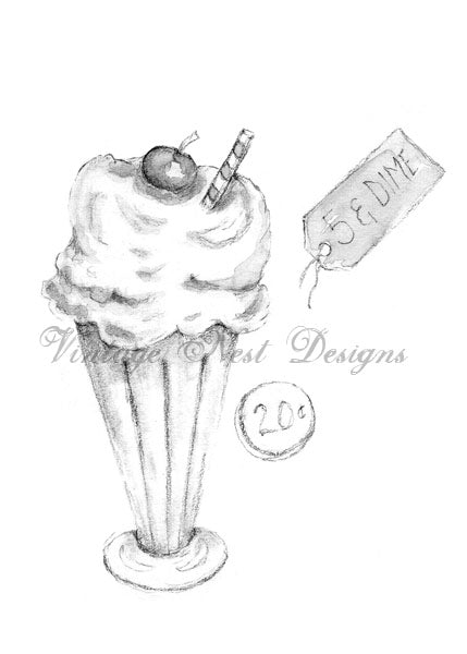 Digital Print Ice Cream Dish No.4 Pencil Drawing Instant Download