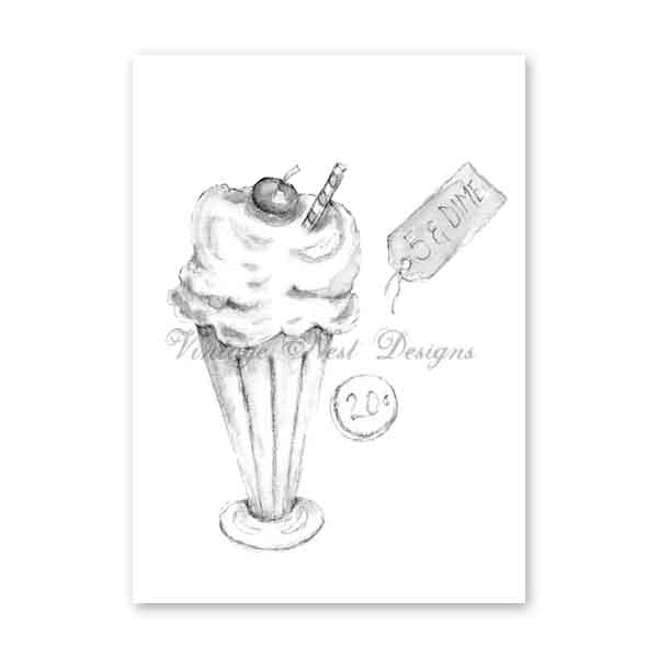 Digital Print Ice Cream Dish No.4 Pencil Drawing Instant Download