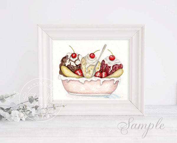 Digital Print Banana Split Sundae No.1 Watercolor Painting Instant Download