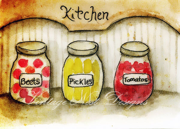 Digital Print Beets, Tomatoes, Pickles No.1 ACEO Watercolor Painting Instant Download