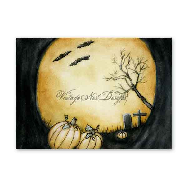 Digital Print Moonlit Halloween Pumpkins No.1 Watercolor Painting