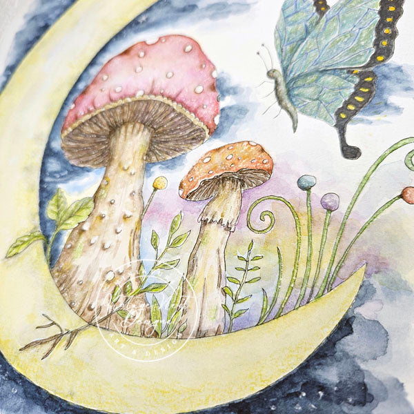 Digital Print Mushrooms and Butterflies No.1 Watercolor Painting Instant Download