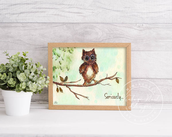 Digital Print Seriously? Frazzled Owl No.1 ACEO Watercolor Painting Instant Download