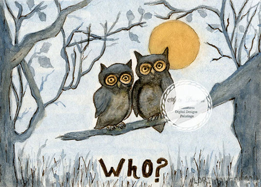 Digital Print One Who? Owls No.1 Watercolor Painting Instant Download