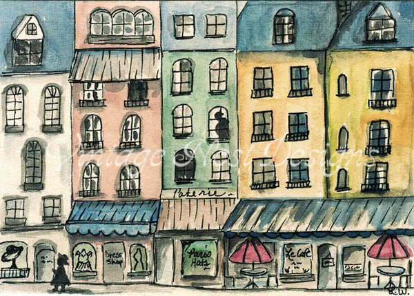 Impression numérique Paris Shopping en ville n°1 ACEO Décoration murale aquarelle Téléchargement instantané