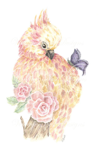 Digital Print Pink Parrot and Butterfly Watercolor Painting Instant Download