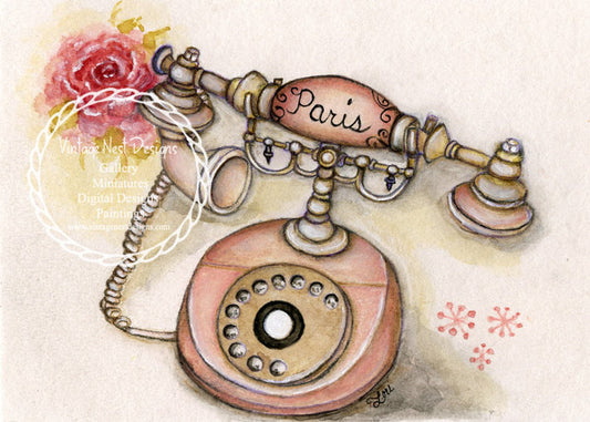 Digital Print Pink Paris Vintage Phone No.1 Watercolor Painting Instant Download