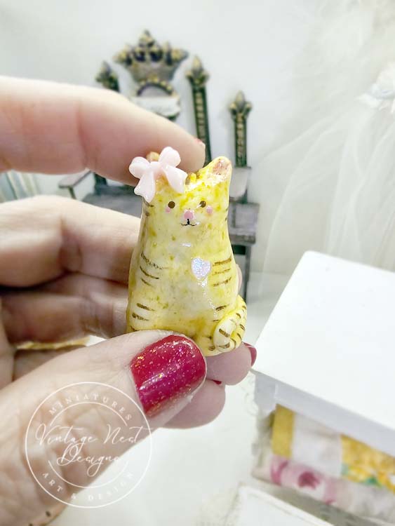 Miniature Cat No.3 Porcelain Handmade for Dollhouse Shadow Box or Diorama Room