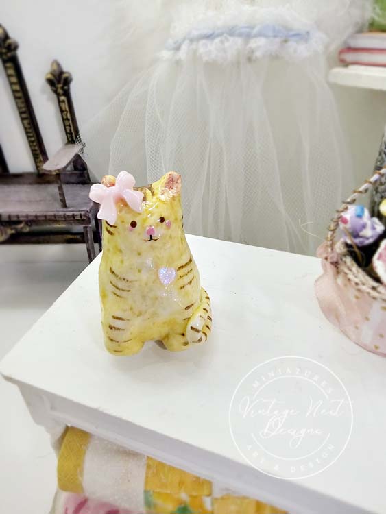 Miniature Cat No.3 Porcelain Handmade for Dollhouse Shadow Box or Diorama Room