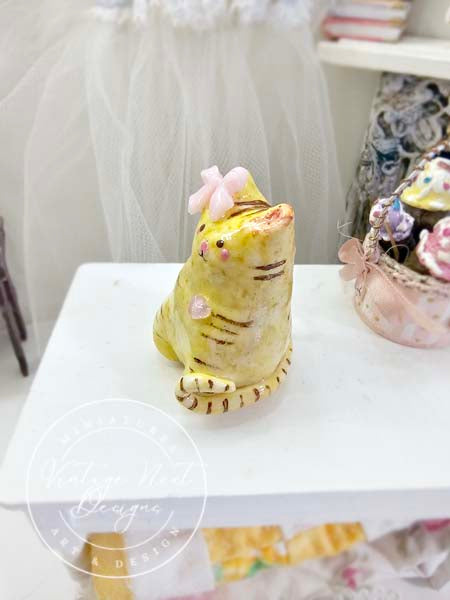 Miniature Cat No.3 Porcelain Handmade for Dollhouse Shadow Box or Diorama Room