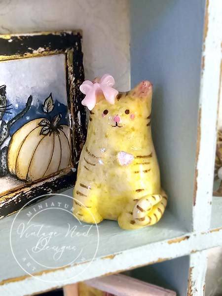 Miniature Cat No.3 Porcelain Handmade for Dollhouse Shadow Box or Diorama Room