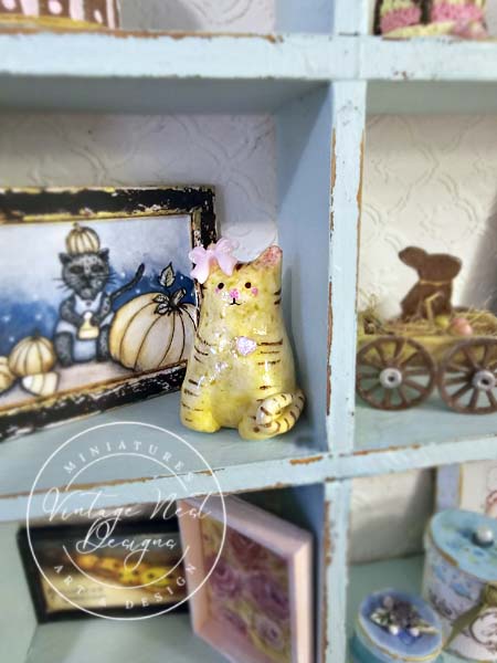 Miniature Cat No.3 Porcelain Handmade for Dollhouse Shadow Box or Diorama Room