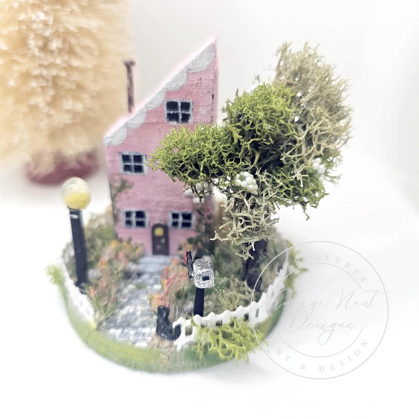 Miniature Putz Pink House No.42 Handmade Shadow Box Diorama