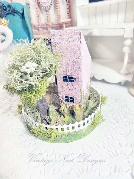 Miniature Putz Pink House No.42 Handmade Shadow Box Diorama