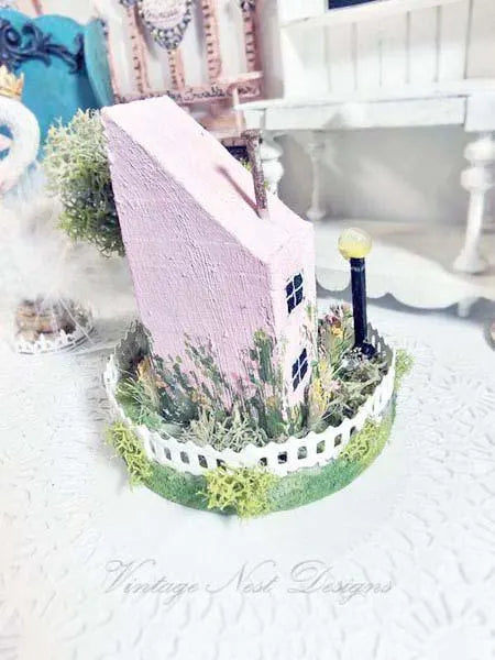Miniature Putz Pink House No.42 Handmade Shadow Box Diorama