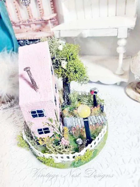 Miniature Putz Pink House No.42 Handmade Shadow Box Diorama