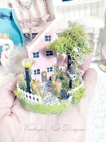 Miniature Putz Pink House No.42 Handmade Shadow Box Diorama