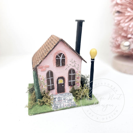 Miniature Putz Pink House No.43 Handmade Home Decor Diorama Shadow Box