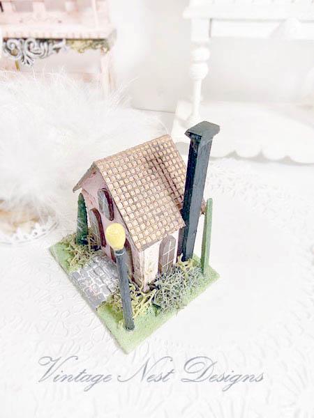 Miniature Putz Pink House No.43 Handmade Home Decor Diorama Shadow Box