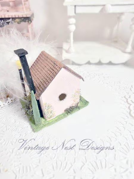Miniature Putz Pink House No.43 Handmade Home Decor Diorama Shadow Box