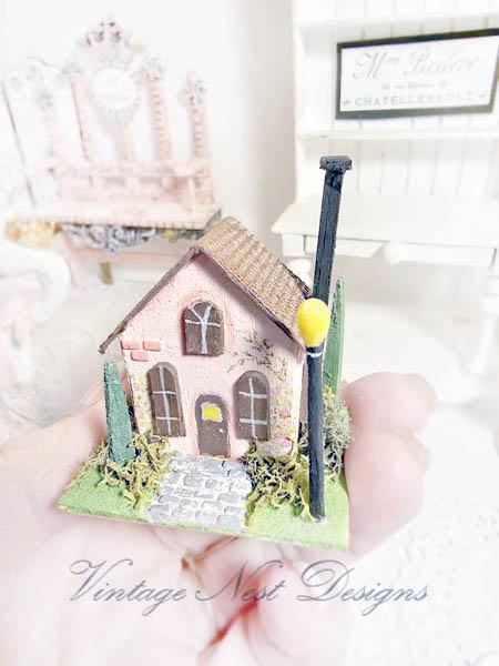 Miniature Putz Pink House No.43 Handmade Home Decor Diorama Shadow Box