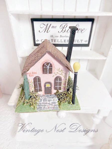 Miniature Putz Pink House No.43 Handmade Home Decor Diorama Shadow Box
