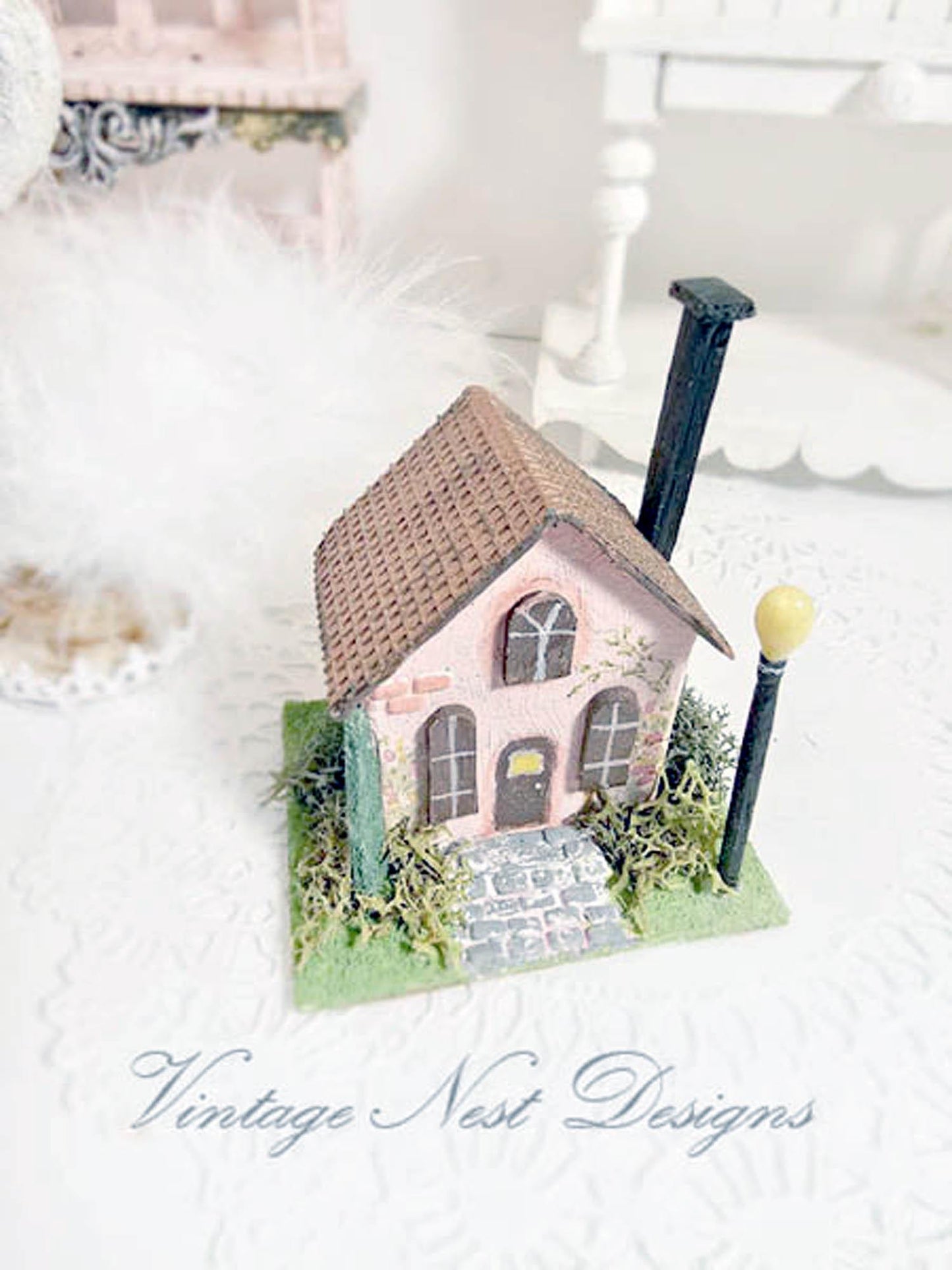 Miniature Putz Pink House No.43 Handmade Home Decor Diorama Shadow Box