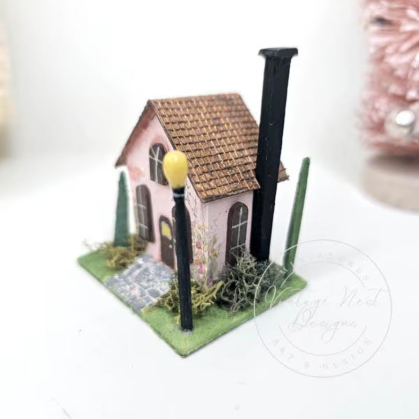 Miniature Putz Pink House No.43 Handmade Home Decor Diorama Shadow Box