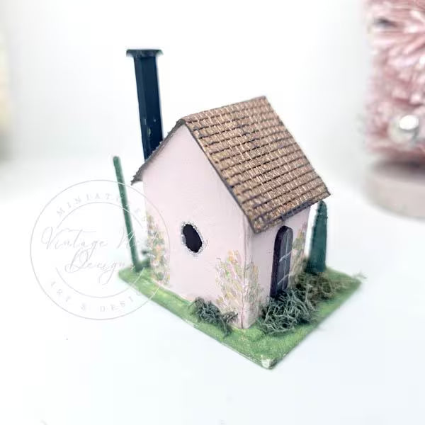 Miniature Putz Pink House No.43 Handmade Home Decor Diorama Shadow Box
