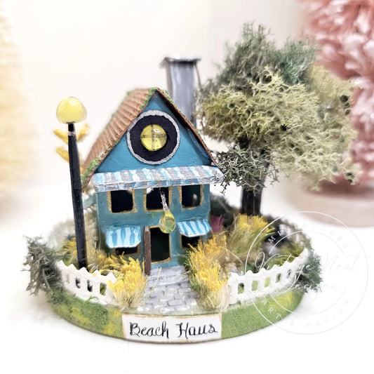 Miniature Putz Teal Blue House No.46 Handmade Home Decor Diorama Shadow Box