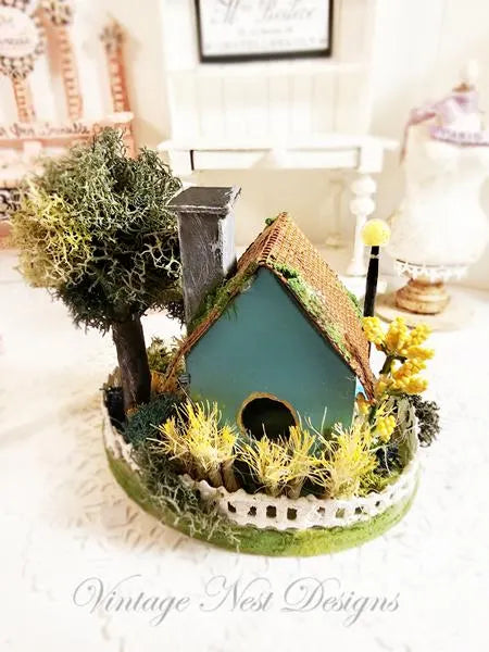Miniature Putz Teal Blue House No.46 Handmade Home Decor Diorama Shadow Box