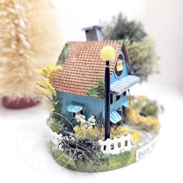 Miniature Putz Teal Blue House No.46 Handmade Home Decor Diorama Shadow Box