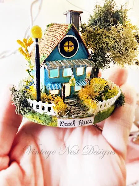 Miniature Putz Teal Blue House No.46 Handmade Home Decor Diorama Shadow Box
