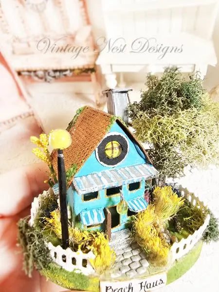 Miniature Putz Teal Blue House No.46 Handmade Home Decor Diorama Shadow Box