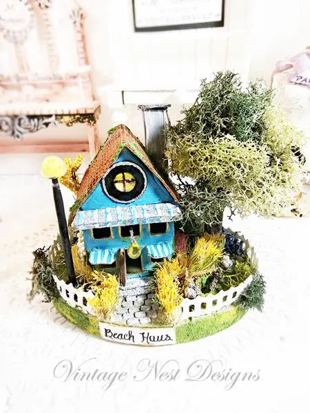 Miniature Putz Teal Blue House No.46 Handmade Home Decor Diorama Shadow Box