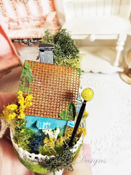 Miniature Putz Teal Blue House No.46 Handmade Home Decor Diorama Shadow Box