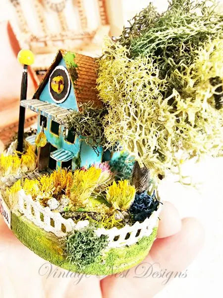 Miniature Putz Teal Blue House No.46 Handmade Home Decor Diorama Shadow Box