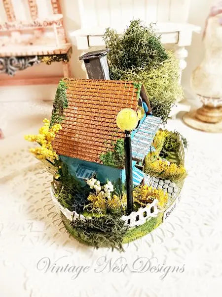 Miniature Putz Teal Blue House No.46 Handmade Home Decor Diorama Shadow Box