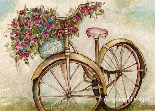 Digital Prints Roses Bicycle No.1 Watercolor Painting Instant Download