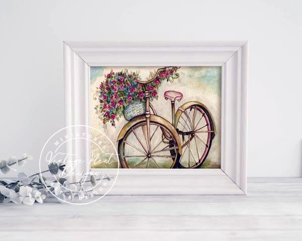 Digital Prints Roses Bicycle No.1 Watercolor Painting Instant Download